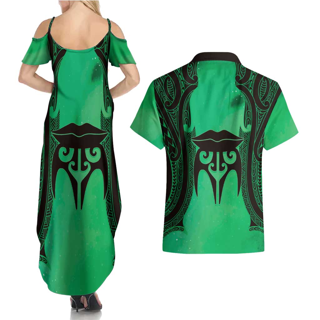Personalised Moko Kauae New Zealand Couples Matching Summer Maxi Dress and Hawaiian Shirt Maori Chin Tattoo Green - Aussie Hoodie