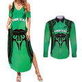 Personalised Moko Kauae New Zealand Couples Matching Summer Maxi Dress and Long Sleeve Button Shirt Maori Chin Tattoo Green - Aussie Hoodie