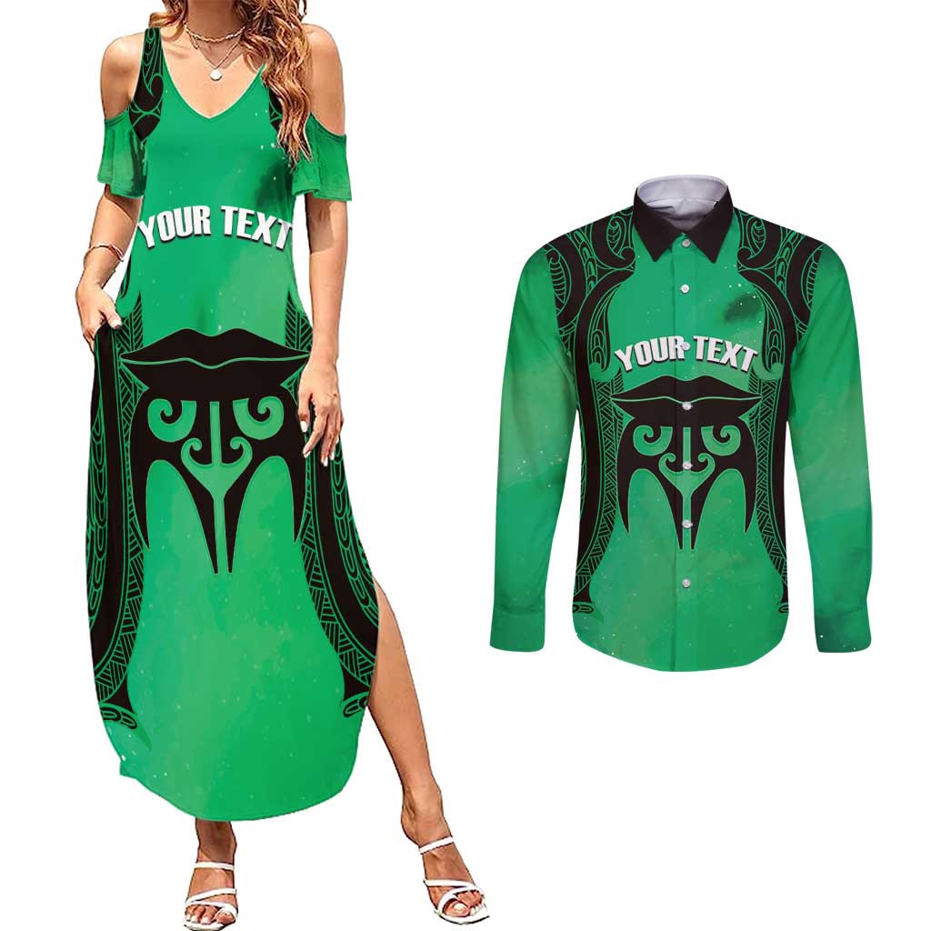 Personalised Moko Kauae New Zealand Couples Matching Summer Maxi Dress and Long Sleeve Button Shirt Maori Chin Tattoo Green - Aussie Hoodie
