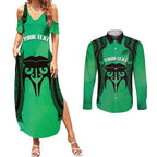 Personalised Moko Kauae New Zealand Couples Matching Summer Maxi Dress and Long Sleeve Button Shirt Maori Chin Tattoo Green - Aussie Hoodie