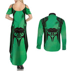Personalised Moko Kauae New Zealand Couples Matching Summer Maxi Dress and Long Sleeve Button Shirt Maori Chin Tattoo Green - Aussie Hoodie