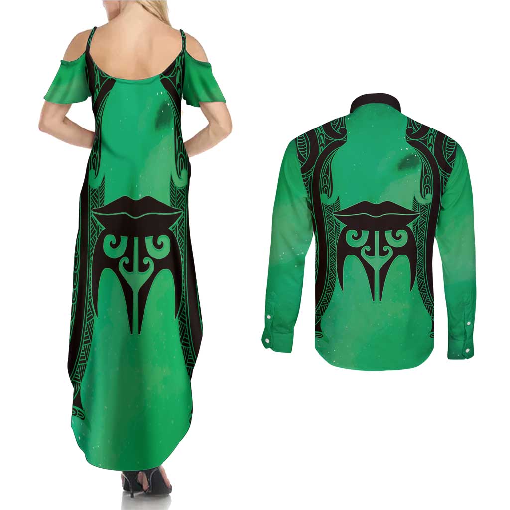 Personalised Moko Kauae New Zealand Couples Matching Summer Maxi Dress and Long Sleeve Button Shirt Maori Chin Tattoo Green - Aussie Hoodie
