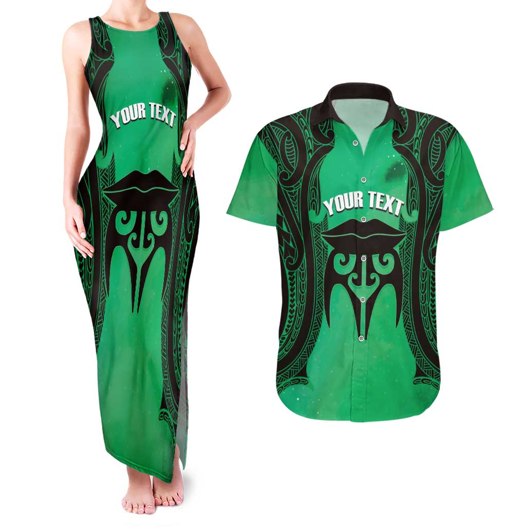 Personalised Moko Kauae New Zealand Couples Matching Tank Maxi Dress and Hawaiian Shirt Maori Chin Tattoo Green - Aussie Hoodie
