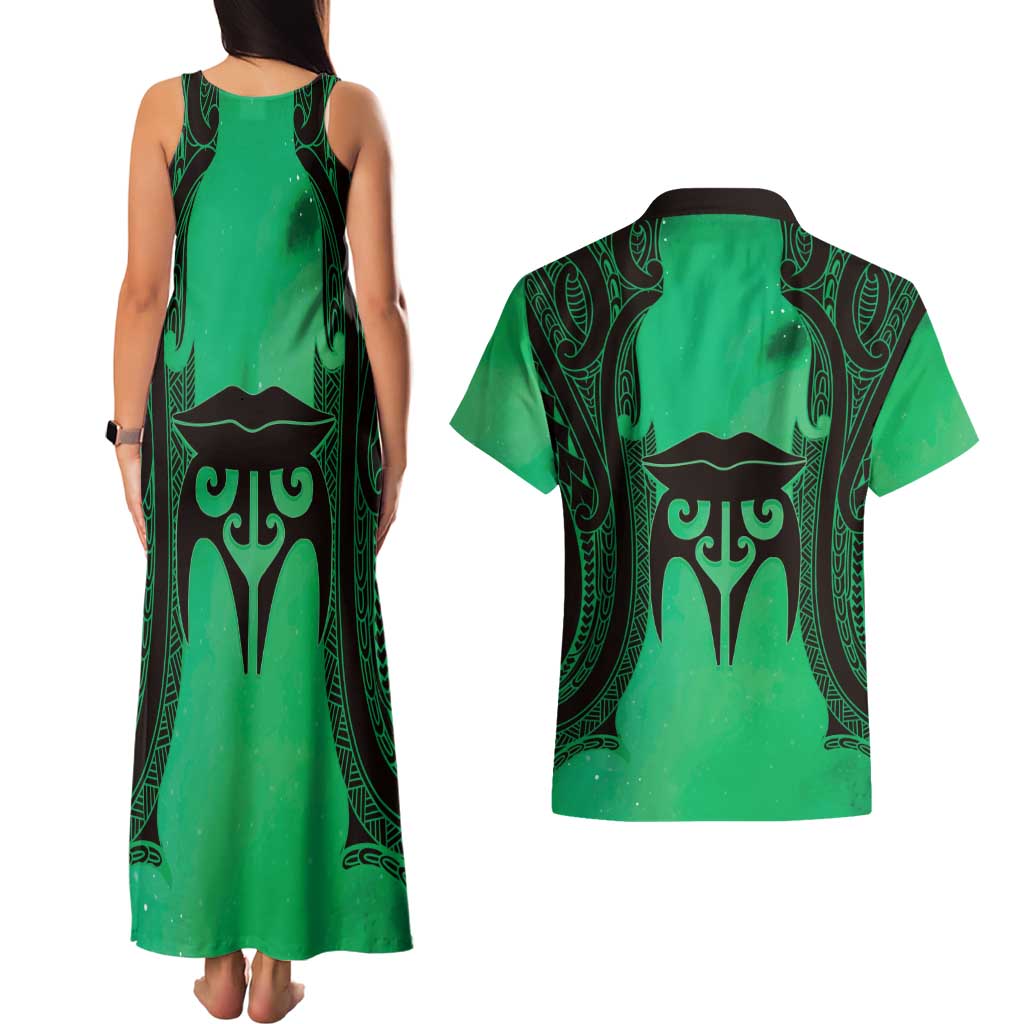 Personalised Moko Kauae New Zealand Couples Matching Tank Maxi Dress and Hawaiian Shirt Maori Chin Tattoo Green - Aussie Hoodie