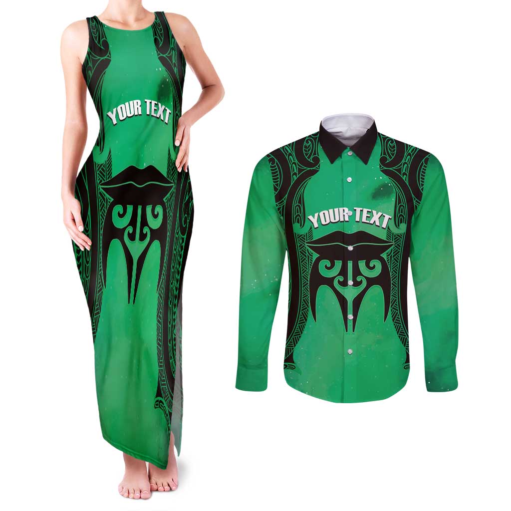 Personalised Moko Kauae New Zealand Couples Matching Tank Maxi Dress and Long Sleeve Button Shirt Maori Chin Tattoo Green - Aussie Hoodie