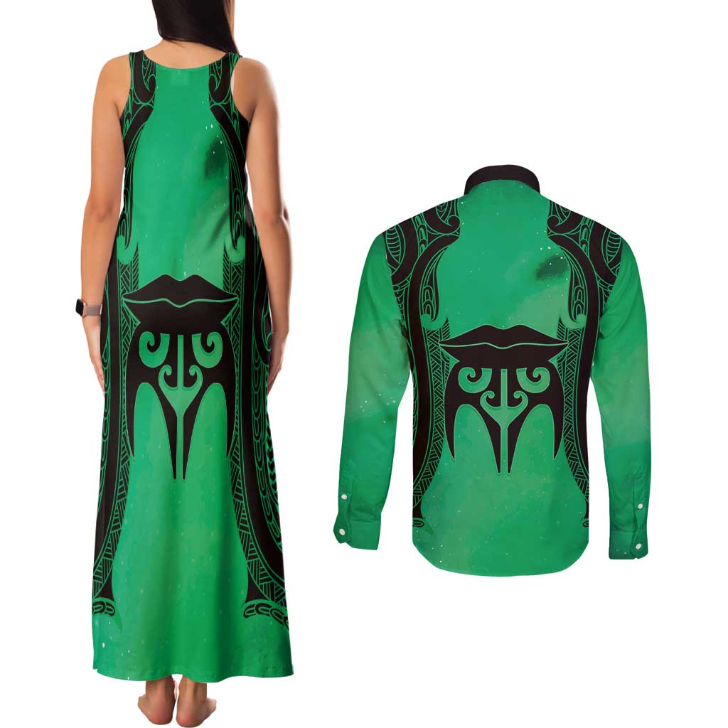 Personalised Moko Kauae New Zealand Couples Matching Tank Maxi Dress and Long Sleeve Button Shirt Maori Chin Tattoo Green - Aussie Hoodie
