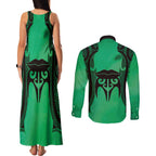 Personalised Moko Kauae New Zealand Couples Matching Tank Maxi Dress and Long Sleeve Button Shirt Maori Chin Tattoo Green - Aussie Hoodie