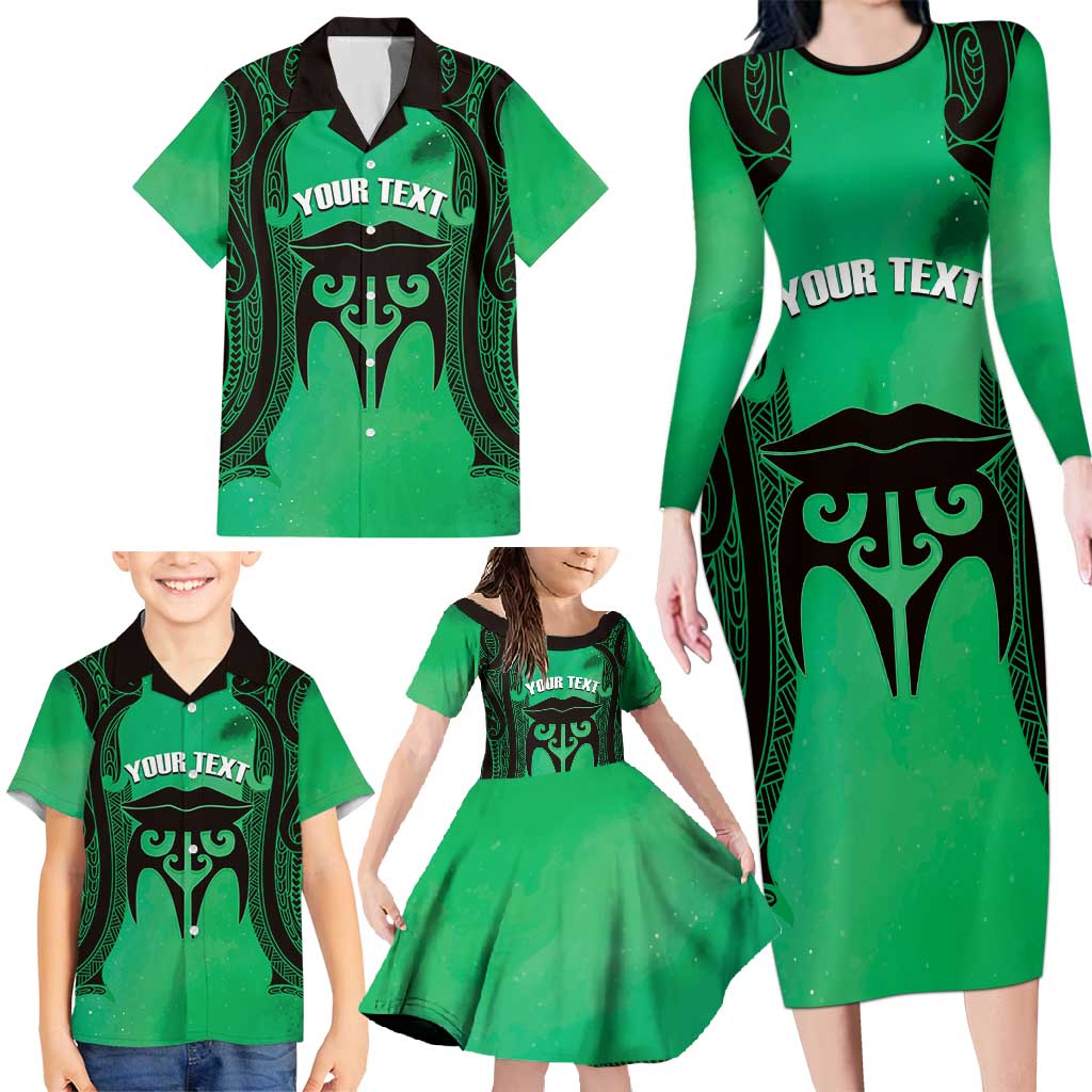 Personalised Moko Kauae New Zealand Family Matching Long Sleeve Bodycon Dress and Hawaiian Shirt Maori Chin Tattoo Green - Aussie Hoodie