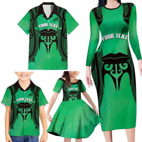 Personalised Moko Kauae New Zealand Family Matching Long Sleeve Bodycon Dress and Hawaiian Shirt Maori Chin Tattoo Green - Aussie Hoodie