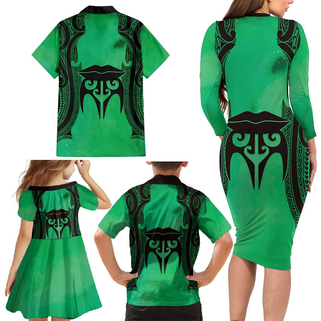 Personalised Moko Kauae New Zealand Family Matching Long Sleeve Bodycon Dress and Hawaiian Shirt Maori Chin Tattoo Green - Aussie Hoodie