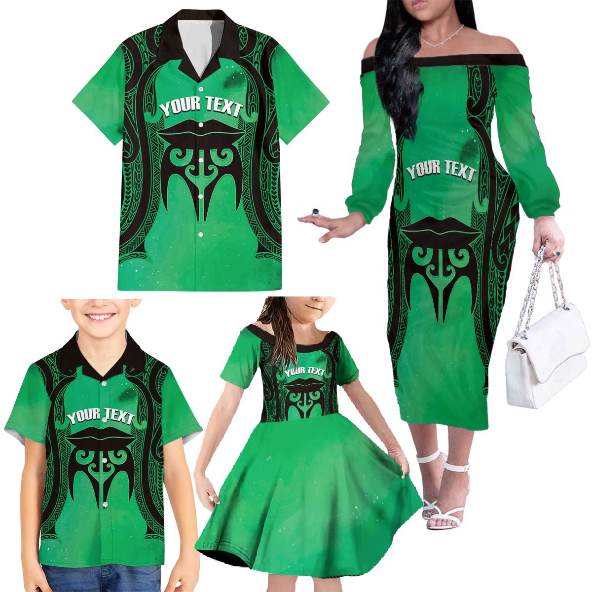 Personalised Moko Kauae New Zealand Family Matching Off The Shoulder Long Sleeve Dress and Hawaiian Shirt Maori Chin Tattoo Green - Aussie Hoodie