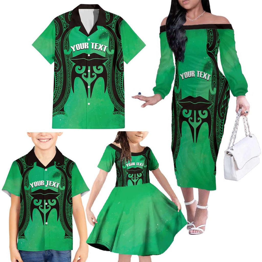 Personalised Moko Kauae New Zealand Family Matching Off The Shoulder Long Sleeve Dress and Hawaiian Shirt Maori Chin Tattoo Green - Aussie Hoodie