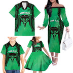 Personalised Moko Kauae New Zealand Family Matching Off The Shoulder Long Sleeve Dress and Hawaiian Shirt Maori Chin Tattoo Green - Aussie Hoodie