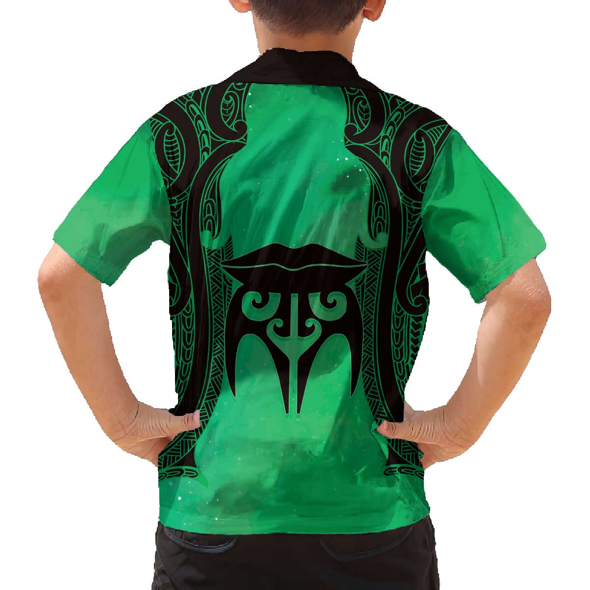 Personalised Moko Kauae New Zealand Family Matching Off The Shoulder Long Sleeve Dress and Hawaiian Shirt Maori Chin Tattoo Green - Aussie Hoodie