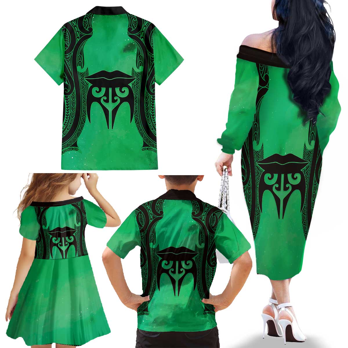 Personalised Moko Kauae New Zealand Family Matching Off The Shoulder Long Sleeve Dress and Hawaiian Shirt Maori Chin Tattoo Green - Aussie Hoodie