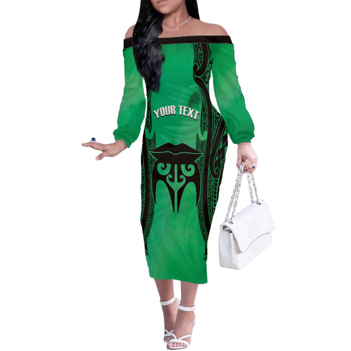 Personalised Moko Kauae New Zealand Family Matching Off The Shoulder Long Sleeve Dress and Hawaiian Shirt Maori Chin Tattoo Green - Aussie Hoodie