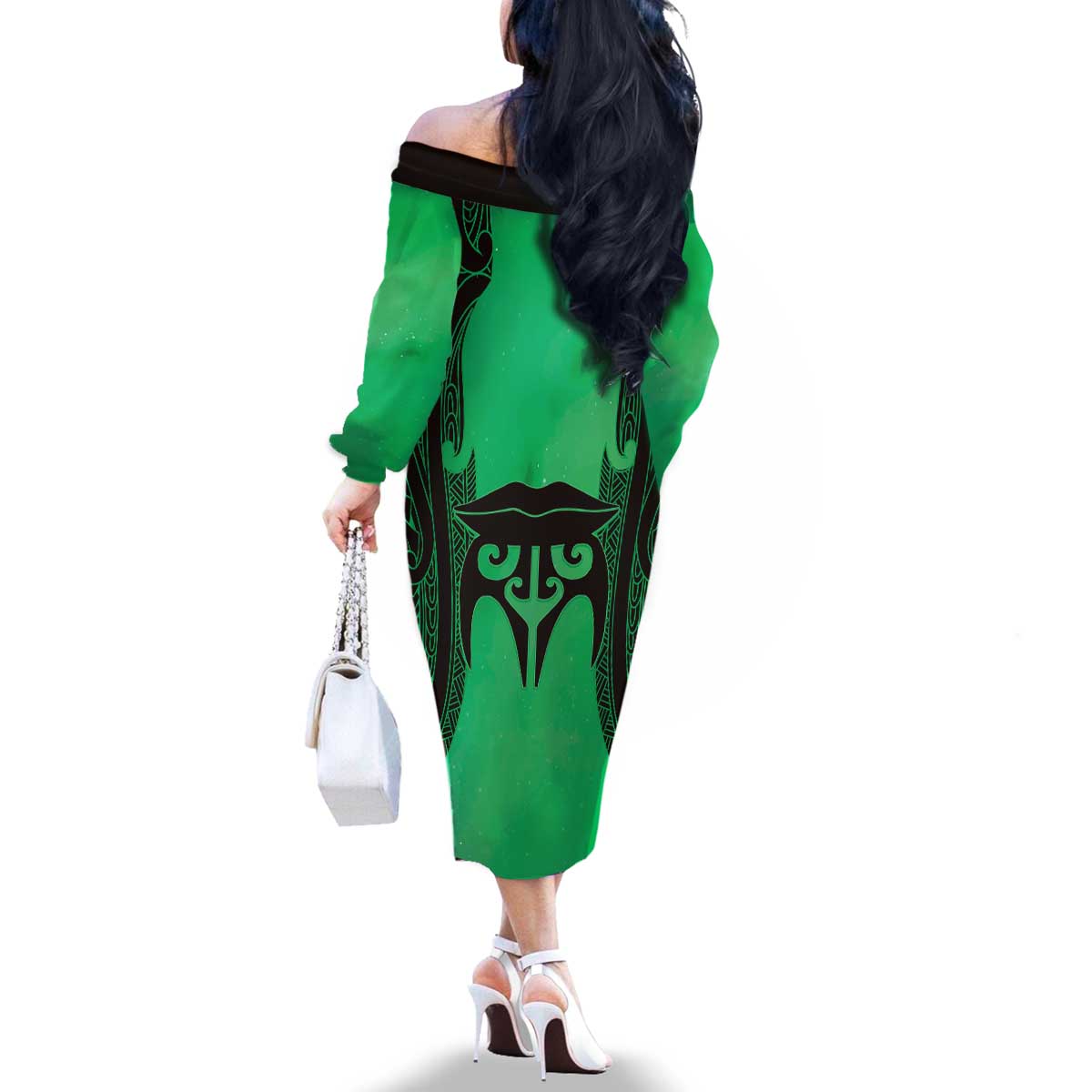 Personalised Moko Kauae New Zealand Family Matching Off The Shoulder Long Sleeve Dress and Hawaiian Shirt Maori Chin Tattoo Green - Aussie Hoodie