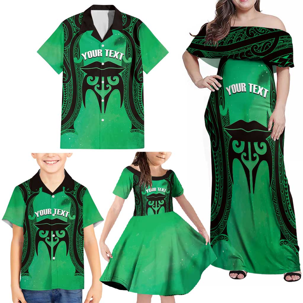 Personalised Moko Kauae New Zealand Family Matching Off Shoulder Maxi Dress and Hawaiian Shirt Maori Chin Tattoo Green - Aussie Hoodie