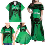 Personalised Moko Kauae New Zealand Family Matching Off Shoulder Maxi Dress and Hawaiian Shirt Maori Chin Tattoo Green - Aussie Hoodie