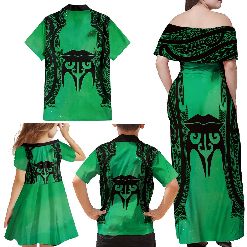 Personalised Moko Kauae New Zealand Family Matching Off Shoulder Maxi Dress and Hawaiian Shirt Maori Chin Tattoo Green - Aussie Hoodie