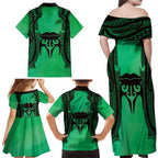 Personalised Moko Kauae New Zealand Family Matching Off Shoulder Maxi Dress and Hawaiian Shirt Maori Chin Tattoo Green - Aussie Hoodie