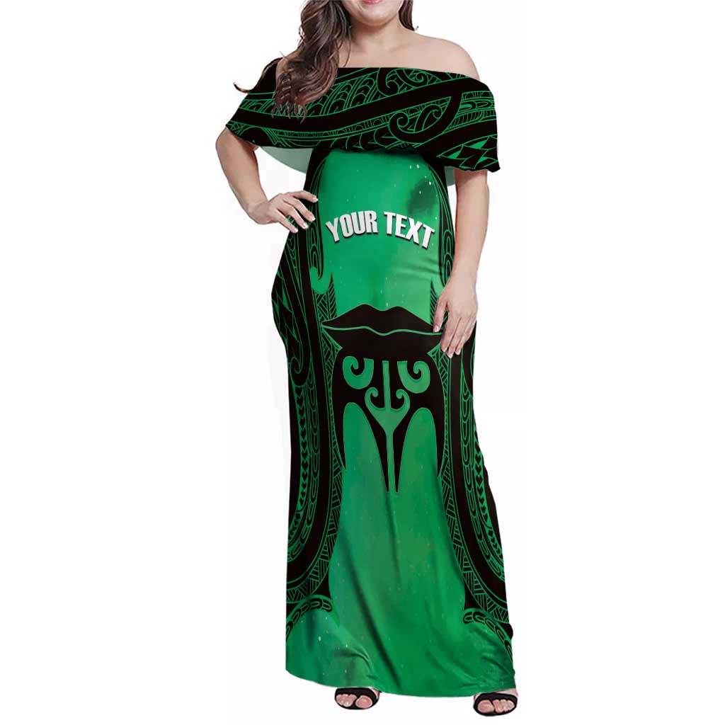 Personalised Moko Kauae New Zealand Family Matching Off Shoulder Maxi Dress and Hawaiian Shirt Maori Chin Tattoo Green - Aussie Hoodie