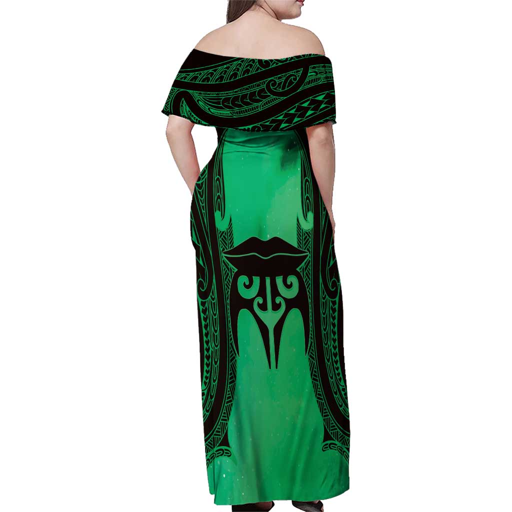 Personalised Moko Kauae New Zealand Family Matching Off Shoulder Maxi Dress and Hawaiian Shirt Maori Chin Tattoo Green - Aussie Hoodie