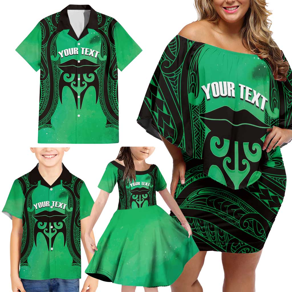Personalised Moko Kauae New Zealand Family Matching Off Shoulder Short Dress and Hawaiian Shirt Maori Chin Tattoo Green - Aussie Hoodie