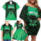 Personalised Moko Kauae New Zealand Family Matching Off Shoulder Short Dress and Hawaiian Shirt Maori Chin Tattoo Green - Aussie Hoodie