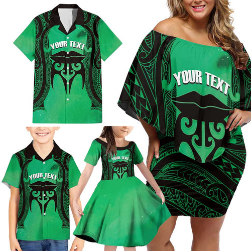 Personalised Moko Kauae New Zealand Family Matching Off Shoulder Short Dress and Hawaiian Shirt Maori Chin Tattoo Green - Aussie Hoodie