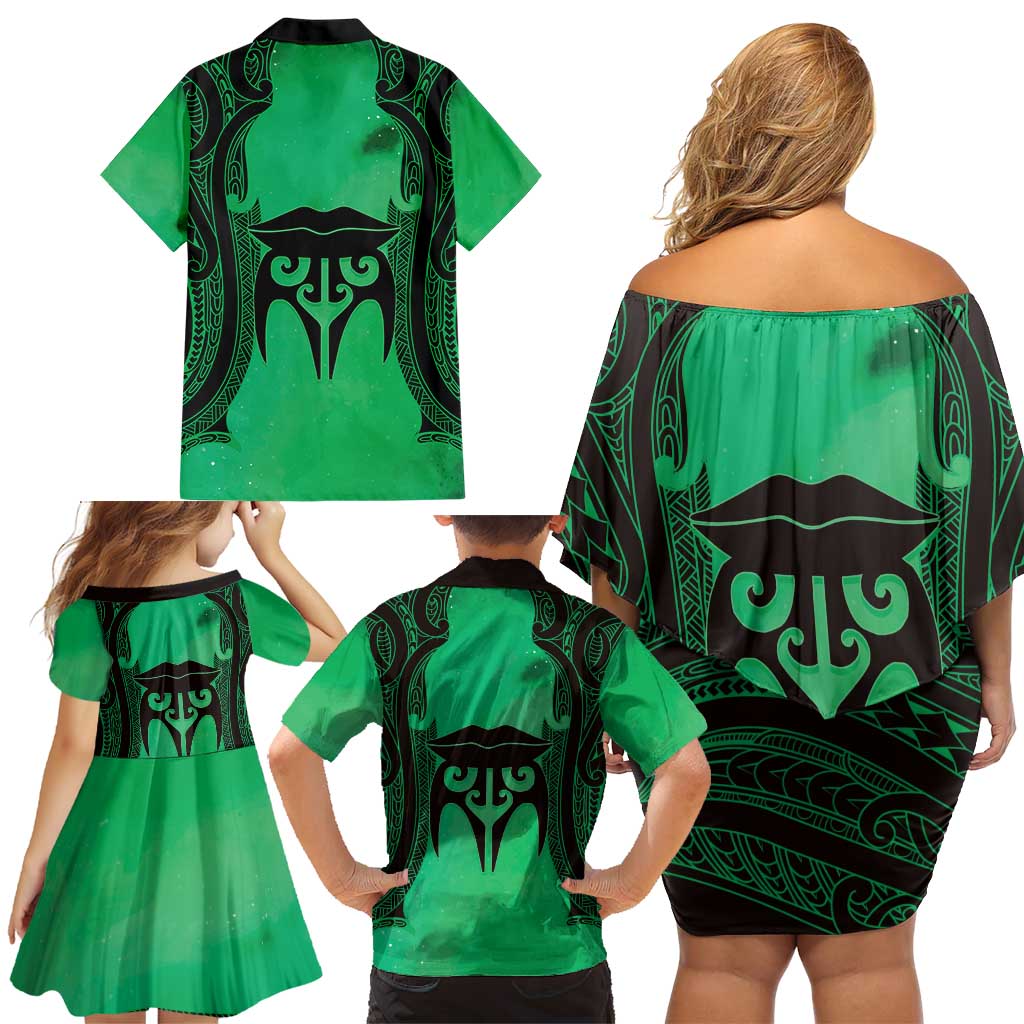 Personalised Moko Kauae New Zealand Family Matching Off Shoulder Short Dress and Hawaiian Shirt Maori Chin Tattoo Green - Aussie Hoodie