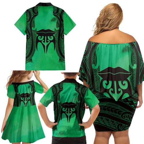 Personalised Moko Kauae New Zealand Family Matching Off Shoulder Short Dress and Hawaiian Shirt Maori Chin Tattoo Green - Aussie Hoodie