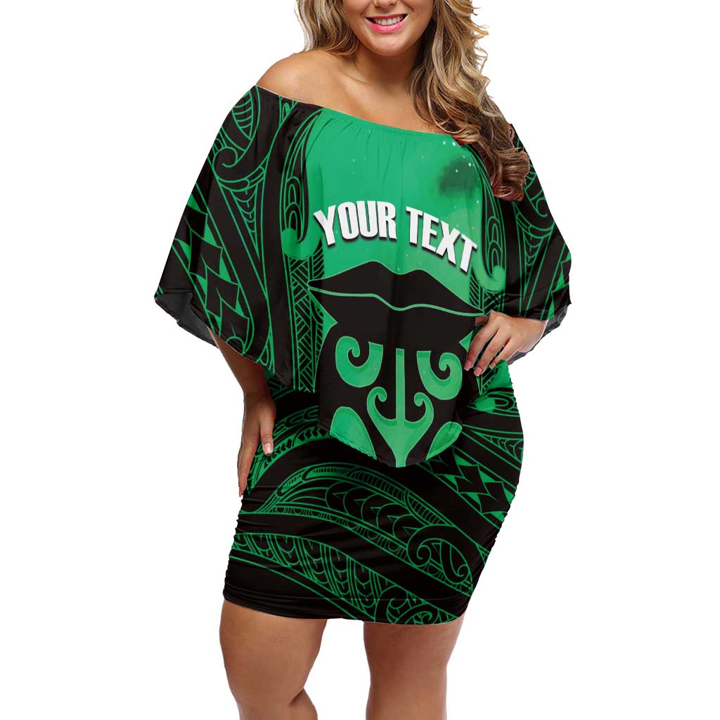 Personalised Moko Kauae New Zealand Family Matching Off Shoulder Short Dress and Hawaiian Shirt Maori Chin Tattoo Green - Aussie Hoodie