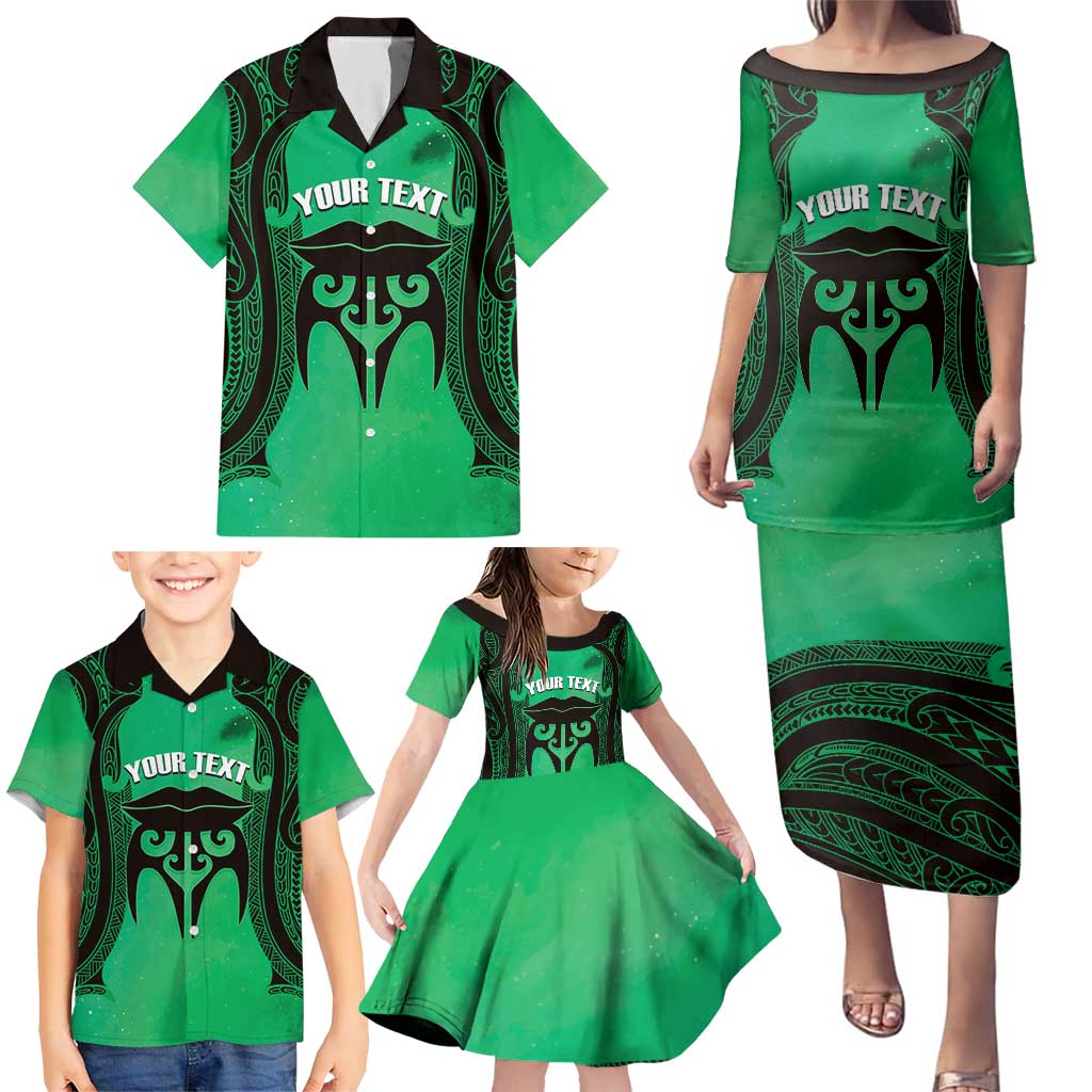 Personalised Moko Kauae New Zealand Family Matching Puletasi and Hawaiian Shirt Maori Chin Tattoo Green - Aussie Hoodie