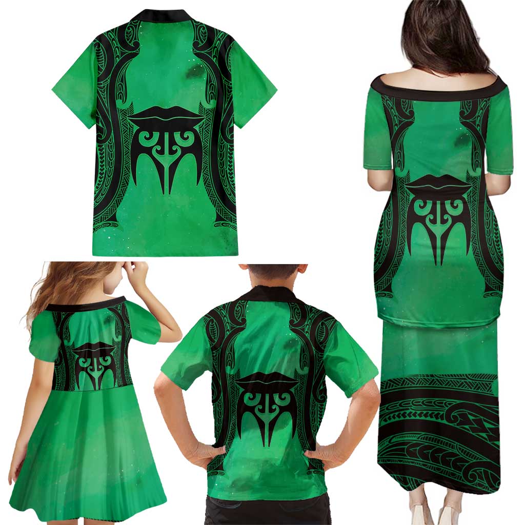 Personalised Moko Kauae New Zealand Family Matching Puletasi and Hawaiian Shirt Maori Chin Tattoo Green - Aussie Hoodie