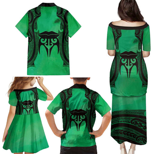 Personalised Moko Kauae New Zealand Family Matching Puletasi and Hawaiian Shirt Maori Chin Tattoo Green - Aussie Hoodie