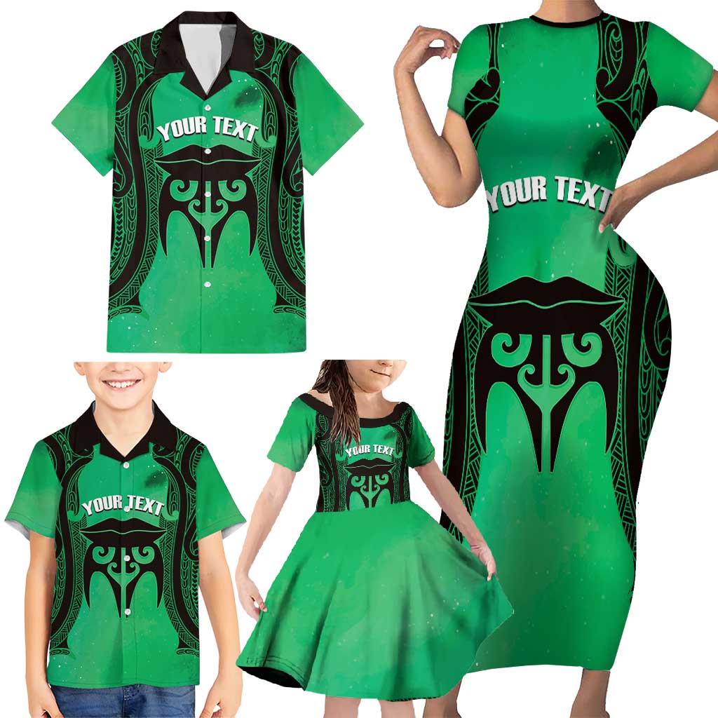 Personalised Moko Kauae New Zealand Family Matching Short Sleeve Bodycon Dress and Hawaiian Shirt Maori Chin Tattoo Green - Aussie Hoodie