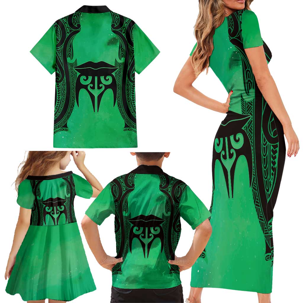 Personalised Moko Kauae New Zealand Family Matching Short Sleeve Bodycon Dress and Hawaiian Shirt Maori Chin Tattoo Green - Aussie Hoodie