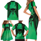 Personalised Moko Kauae New Zealand Family Matching Short Sleeve Bodycon Dress and Hawaiian Shirt Maori Chin Tattoo Green - Aussie Hoodie