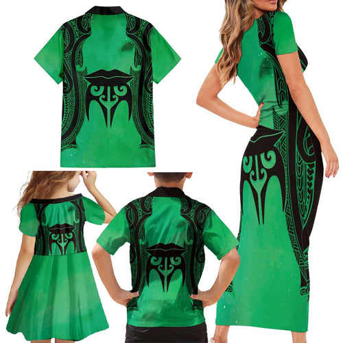 Personalised Moko Kauae New Zealand Family Matching Short Sleeve Bodycon Dress and Hawaiian Shirt Maori Chin Tattoo Green - Aussie Hoodie