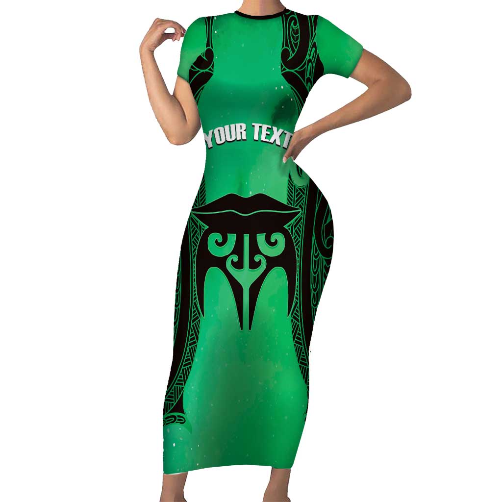 Personalised Moko Kauae New Zealand Family Matching Short Sleeve Bodycon Dress and Hawaiian Shirt Maori Chin Tattoo Green - Aussie Hoodie