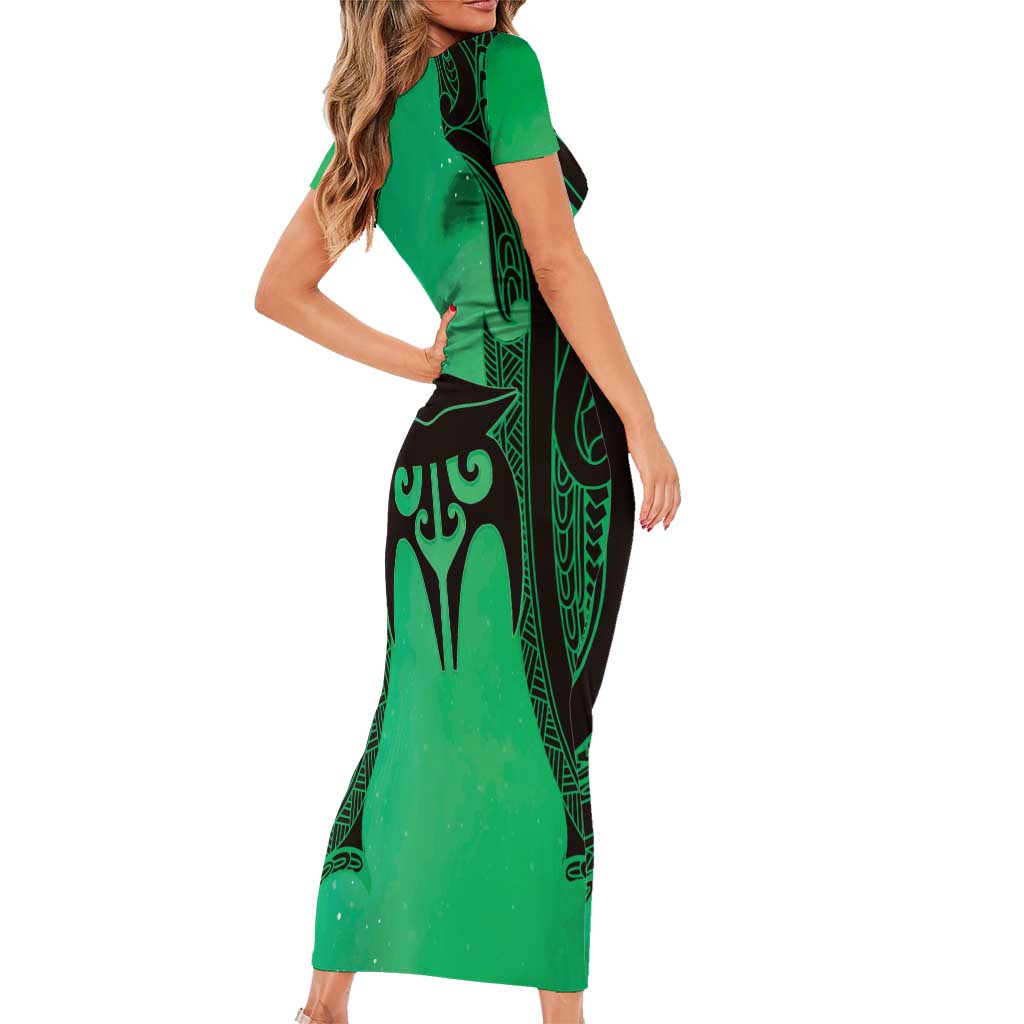 Personalised Moko Kauae New Zealand Family Matching Short Sleeve Bodycon Dress and Hawaiian Shirt Maori Chin Tattoo Green - Aussie Hoodie