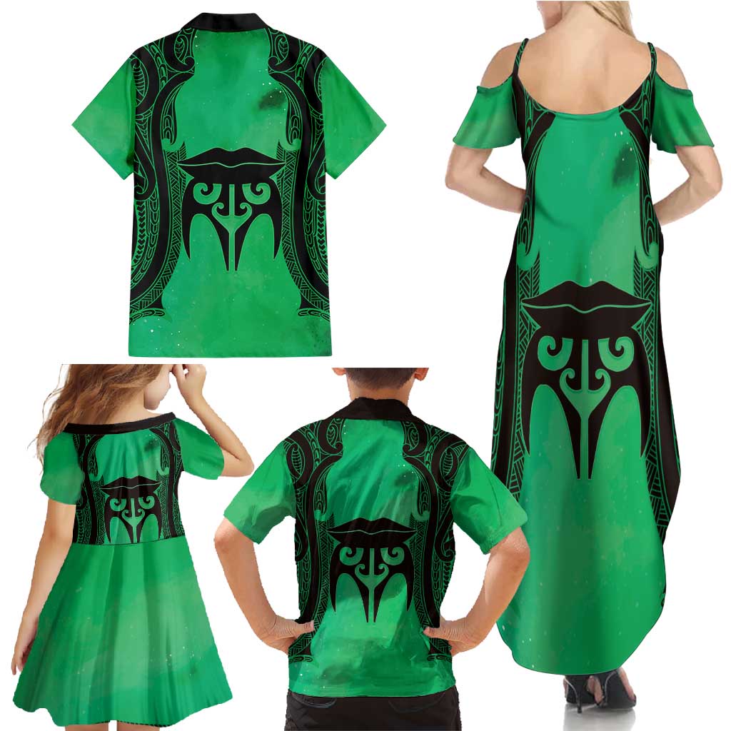 Personalised Moko Kauae New Zealand Family Matching Summer Maxi Dress and Hawaiian Shirt Maori Chin Tattoo Green - Aussie Hoodie
