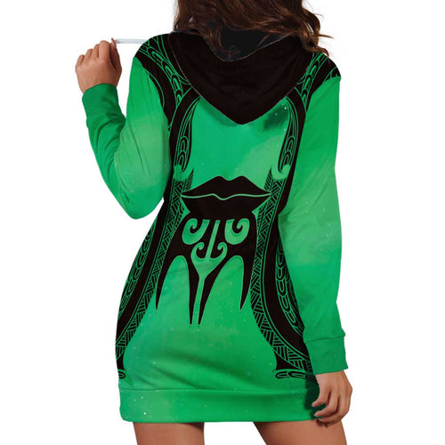 Personalised Moko Kauae New Zealand Hoodie Dress Maori Chin Tattoo Green - Aussie Hoodie