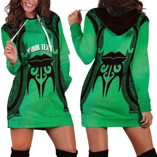 Personalised Moko Kauae New Zealand Hoodie Dress Maori Chin Tattoo Green - Aussie Hoodie