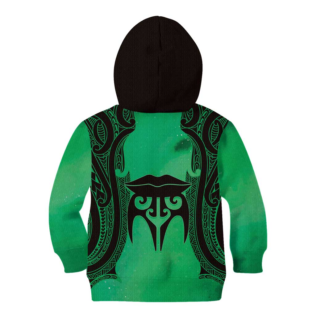 Personalised Moko Kauae New Zealand Kid Hoodie Maori Chin Tattoo Green - Aussie Hoodie