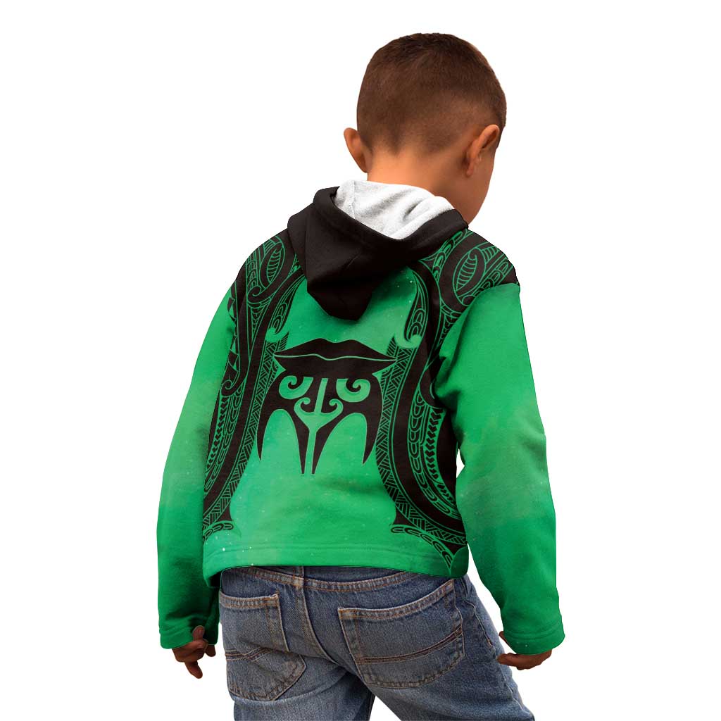 Personalised Moko Kauae New Zealand Kid Hoodie Maori Chin Tattoo Green - Aussie Hoodie