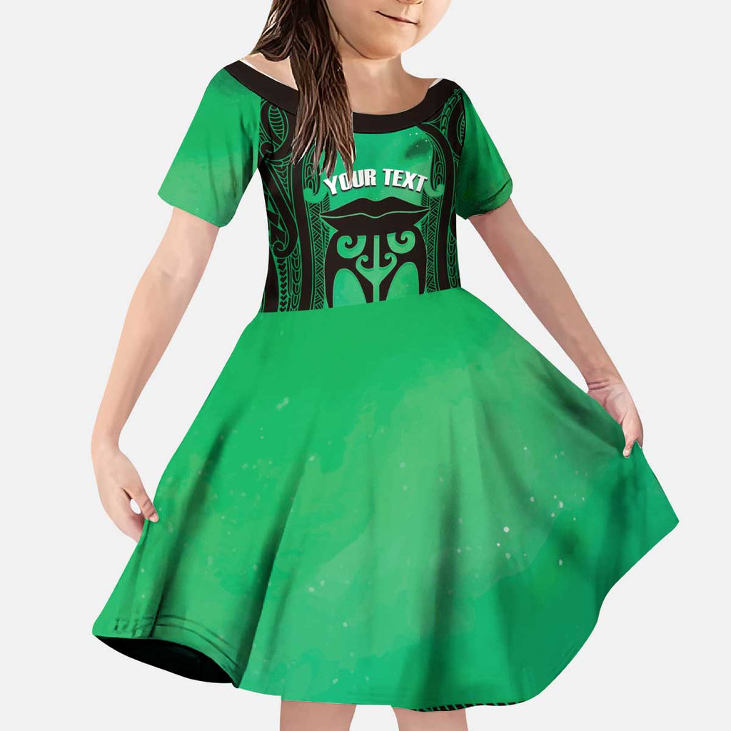 Personalised Moko Kauae New Zealand Kid Short Sleeve Dress Maori Chin Tattoo Green - Aussie Hoodie