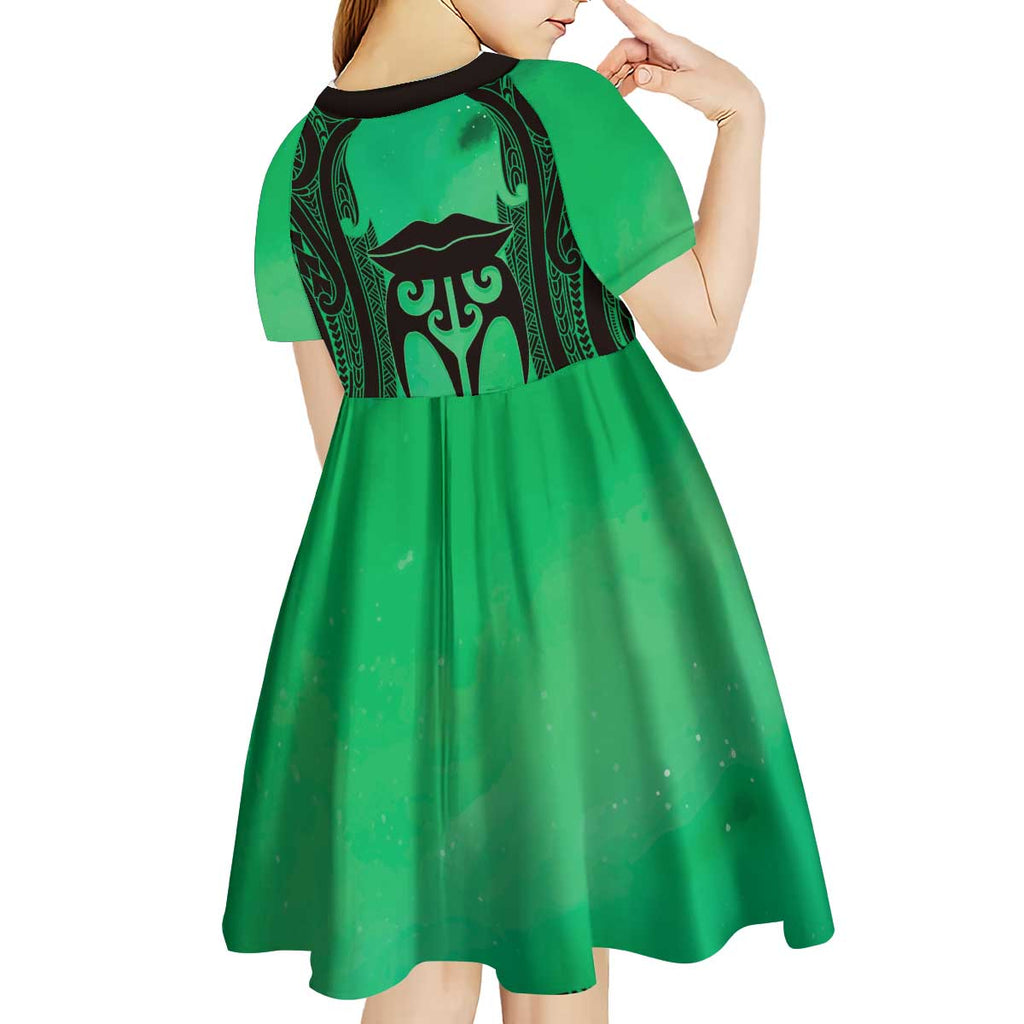 Personalised Moko Kauae New Zealand Kid Short Sleeve Dress Maori Chin Tattoo Green - Aussie Hoodie