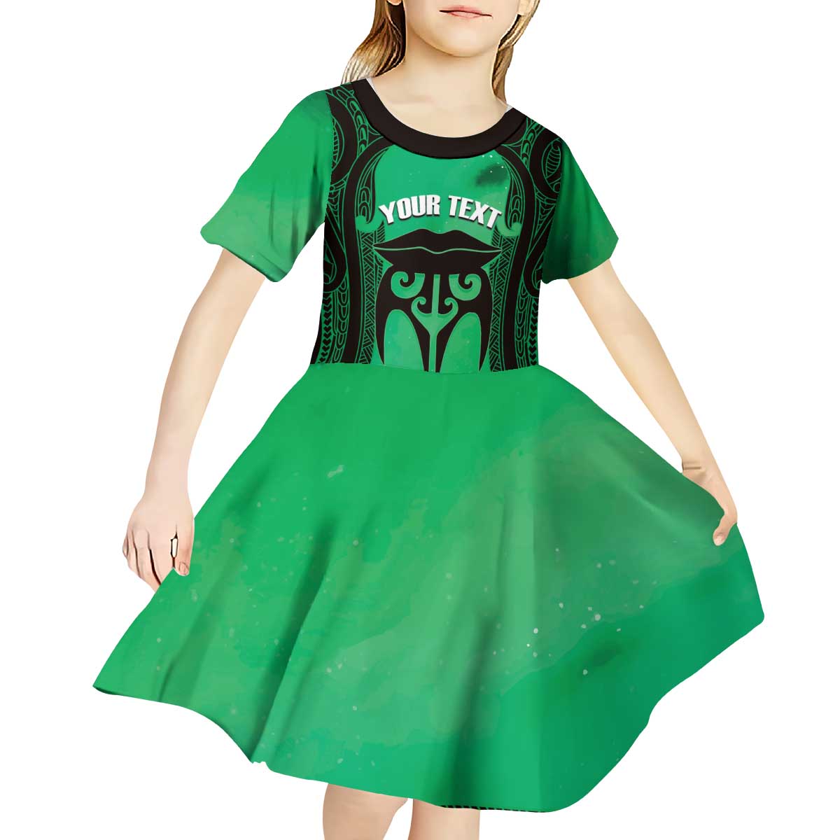 Personalised Moko Kauae New Zealand Kid Short Sleeve Dress Maori Chin Tattoo Green - Aussie Hoodie